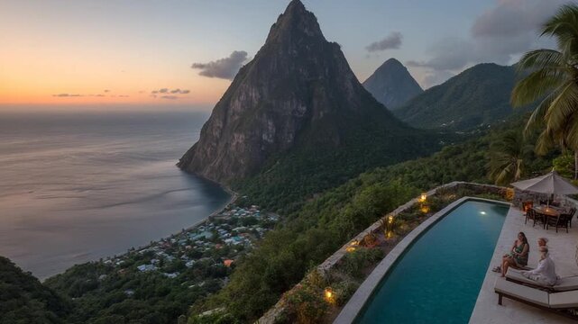 Luxury Hotel Pool View with Scenic Mountain Landscape at Dusk Caribbean Caribbean Sunset