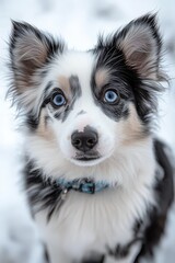 Captivating Blue-Eyed Border Collie Puppy Stares Intensely, a Charming Canine Portrait Featuring Striking Facial Markings and a Curious, Engaging Gaze.