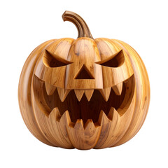there is a carved wooden pumpkin with a carved face on it