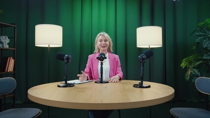 Montage showcasing a podcast host introducing and welcoming her guests to the recording studio, engaging in friendly greetings and preparing for their podcast session