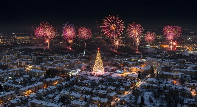 City christmas celebration fireworks aerial view