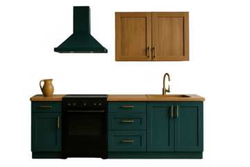 Teal kitchen cabinetry with wooden accents.