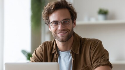 Fototapeta premium Friendly young man with glasses smiling sitting at a desk with a laptop in a modern office.