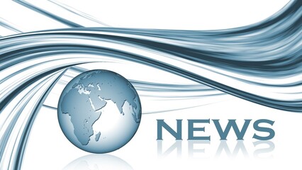 NEWS lettering - earth globe and abstract graphic elements in blue design with reflection on white background - 3D illustration