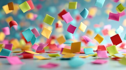 Colorful sticky notes float and scatter in vibrant patterns against a soft background
