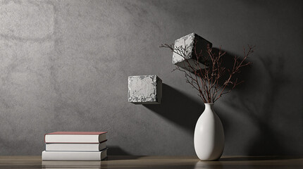 Gray concrete cubes, dried branches, white vase, books on wooden surface