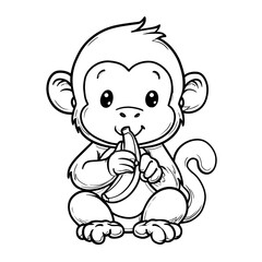 Obraz premium Cute Outline Style Monkey Eating Banana Cartoon Illustration. Ai Generated Images