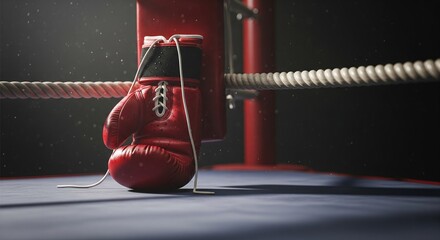 Naklejka premium Boxing Glove on Corner: Extreme Close-up, Ring Ropes, Sweat-Stained Canvas