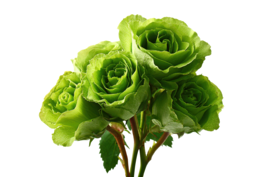 Vibrant green roses bouquet floral arrangement studio setting close-up. Isolated on transparent background, png.