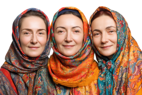Cultural gathering of women in colorful headscarves studio setting. Isolated on transparent background, png.