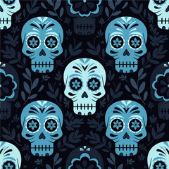 Seamless pattern featuring stylized sugar skulls and floral motifs in shades of blue against a dark background. Ideal for Day of the Dead or Halloween themes.