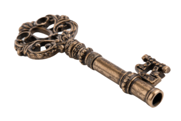 Unlocking mysteries vintage key antique shop still life close-up. Isolated on transparent background, png.