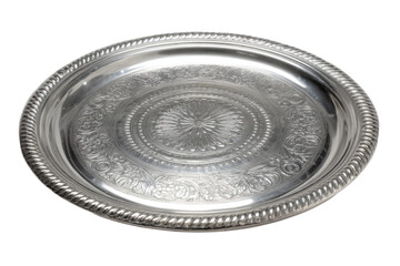 Elegant silver platter display home decorative item indoor top view. Isolated on transparent background, png.