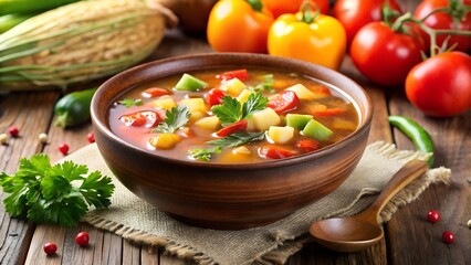 Hearty vegetable soup in a rustic bowl with spoon