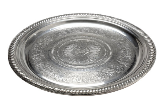 Elegant silver platter display home decorative item indoor top view. Isolated on transparent background, png.