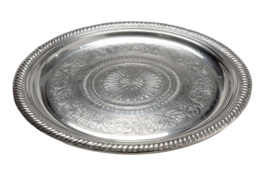 Elegant silver platter display home decorative item indoor top view. Isolated on transparent background, png.