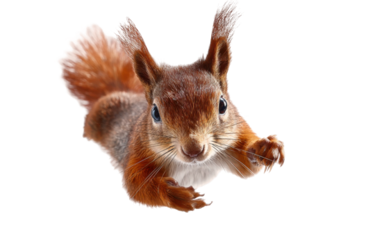 Squirrel jumping in air animal photography studio close-up. Isolated on transparent background, png.