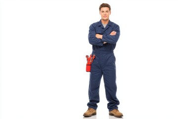 Fototapeta premium Professional male technician worker standing confidently with tools on his side in uniform.