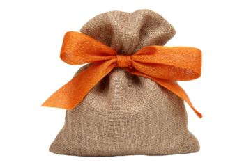 Decorative burlap bag with orange ribbon home decor close-up. Isolated on transparent background, png.