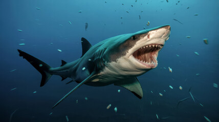 Fototapeta premium Great white shark with open mouth swimming underwater in ocean