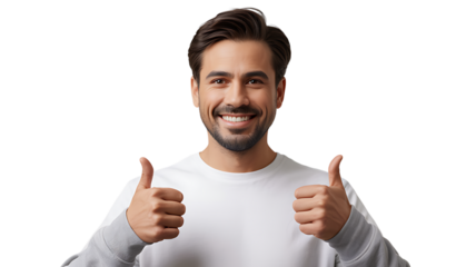 Smiling man giving thumbs up gesture stock photo for positive feedback on transparent background
