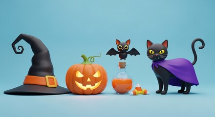 Halloween characters and decorations on a blue background