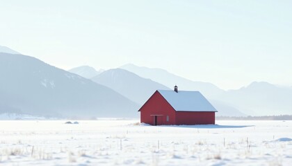 Fototapeta premium Red barn on snow covered field with mountain backdrop Winter landscape scene