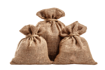Studio setup for close-up product photography of burlap bags. Isolated on transparent background, png.