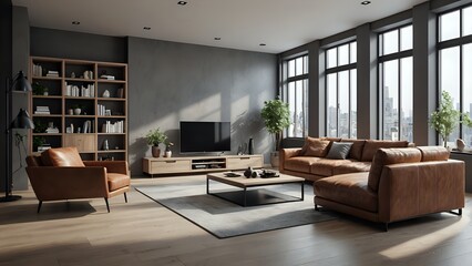 Fototapeta premium modern living room with fireplace