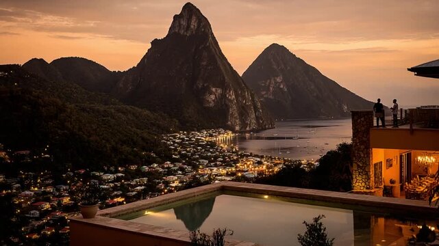 Luxury vacation at the Jade Mountain resort in St. Lucia at sunset overlooking the Pitons