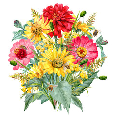 Hand-painted lush bouquet with lawn and garden flowers and herbs and bees on it