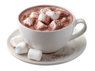 Sipping hot chocolate with marshmallows cozy home kitchen food. Isolated on transparent background, png.