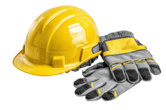 Construction safety gear yellow hard hat and gloves studio close-up. Isolated on transparent background, png.