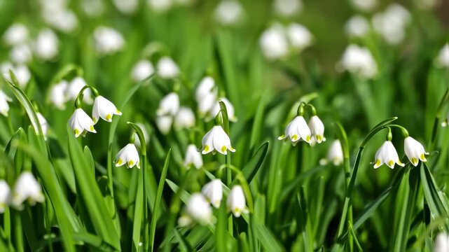 Delicate snowdrops blooming in a vibrant green meadow on a sunny spring day