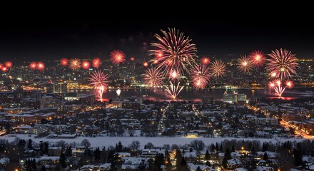 City fireworks display in snow
