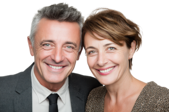 Couple smiling together studio portrait photography. Isolated on transparent background, png.