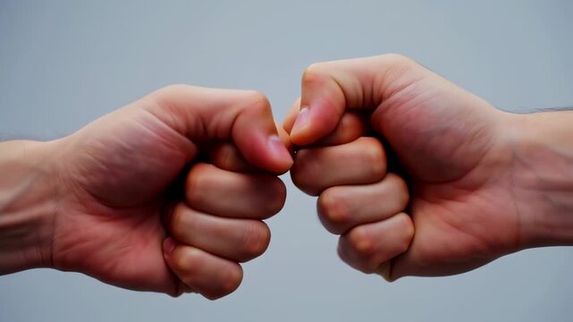 Close-up shot of two fists bumping in a gesture of partnership and teamwork