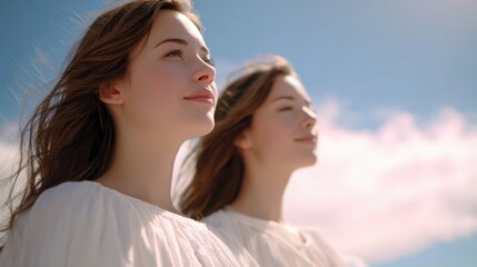 Fototapeta premium Two serene young women with flowing hair enjoying sunny sky outdoors in daylight.