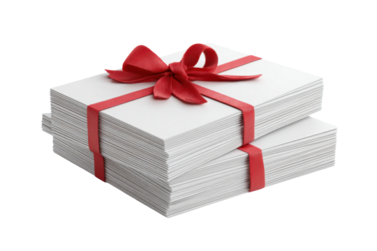 Gift presentation with red bow indoor setting cardstock papers. Isolated on transparent background, png.
