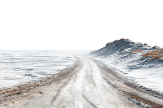 Snowy road through a frozen landscape remote location scenic view. Isolated on transparent background, png.