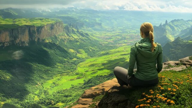 A person sits peacefully on a rocky ledge overlooking a vast green valley surrounded by majestic cliffs. The sun sets, casting a warm glow over the breathtaking landscape