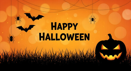 Halloween greeting card with pumpkin, bats, and spiders on orange background to celebrate the spooky holiday season and create fun designs