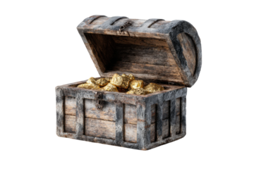 Treasure chest overflowing with gold nuggets mysterious setting. Isolated on transparent background, png.