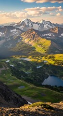 Fototapeta premium Panoramic View of Mountainous Terrain with Lakes and Snow-Capped Peaks