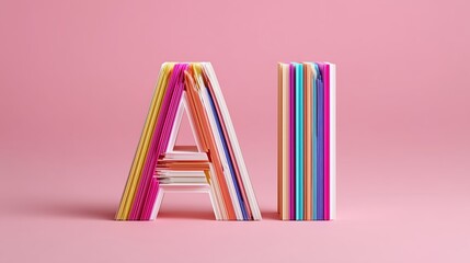 Colorful paper representation of AI letters displayed against a pink background in a creative art setting