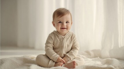 Fototapeta premium Adorable Smiling Baby Sitting on Soft Blanket Near Window with Natural Light.