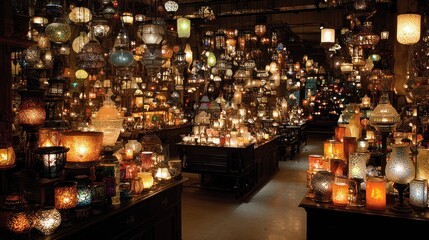 A dimly lit shop filled with lamps