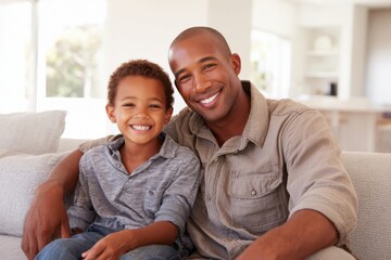 Fototapeta premium Happy African American father and son smiling together sitting on sofa in living room.