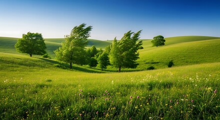 Fototapeta premium Scenic Open Grassy Hills with Trees Swaying in the Wind on a Sunny Day