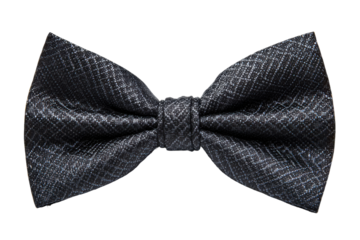 Elegant black bow tie formal event apparel studio close-up. Isolated on transparent background, png.